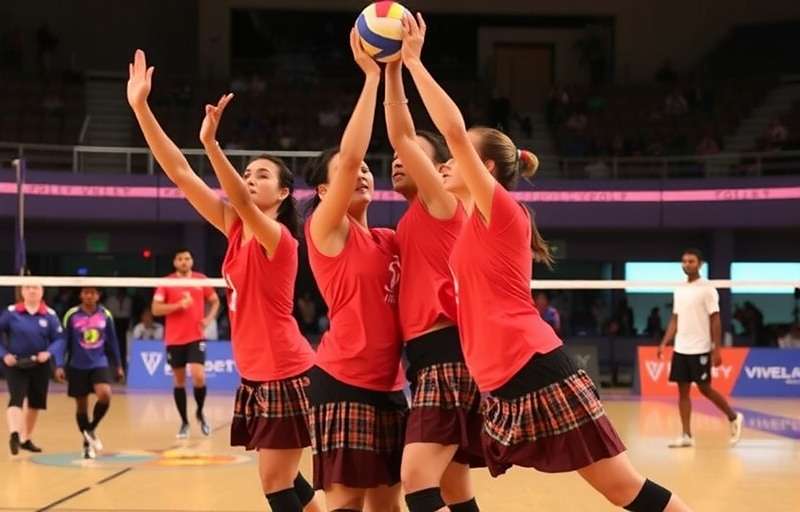 Bolly Spike Volleyball players performing a Bollywood dance celebration after winning a point