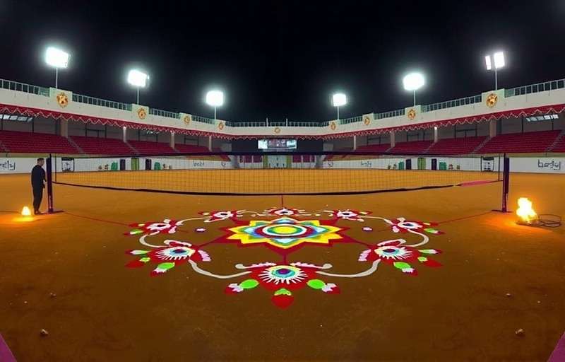 Bolly Spike Volleyball Diwali Tournament showing decorated stadium with lights and rangoli